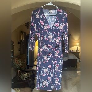 Anne Klein Long Sleeve Floral Dress in Navy and Pink